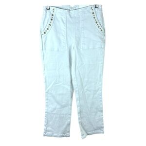 NWT CACHE womens 27 white slim straight mid rise sculpt crop gold detail jeans